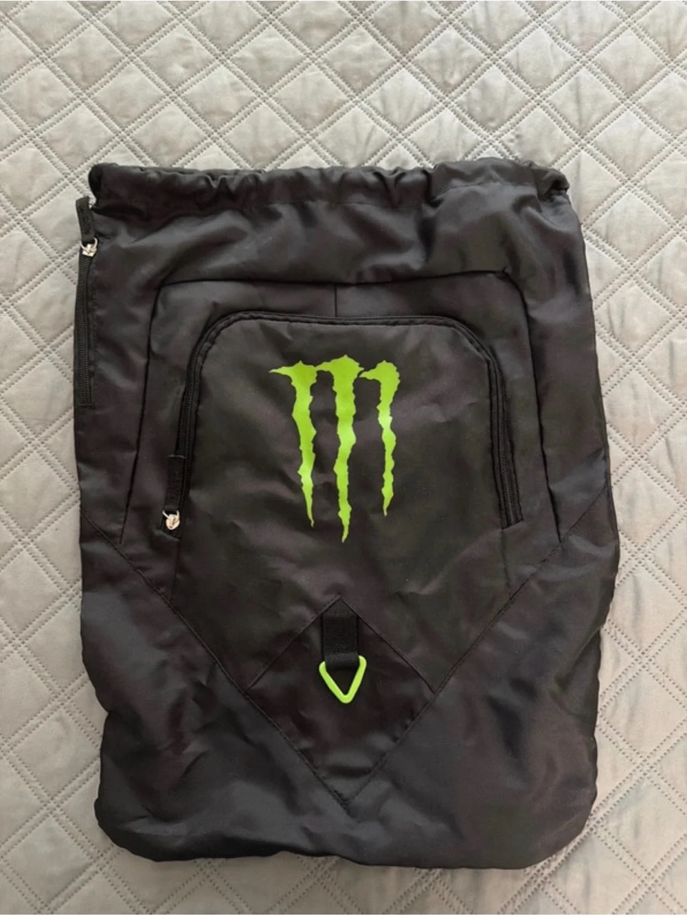 Black Backpack with Neon Green Monster Logo - Men's Drawstring Pack